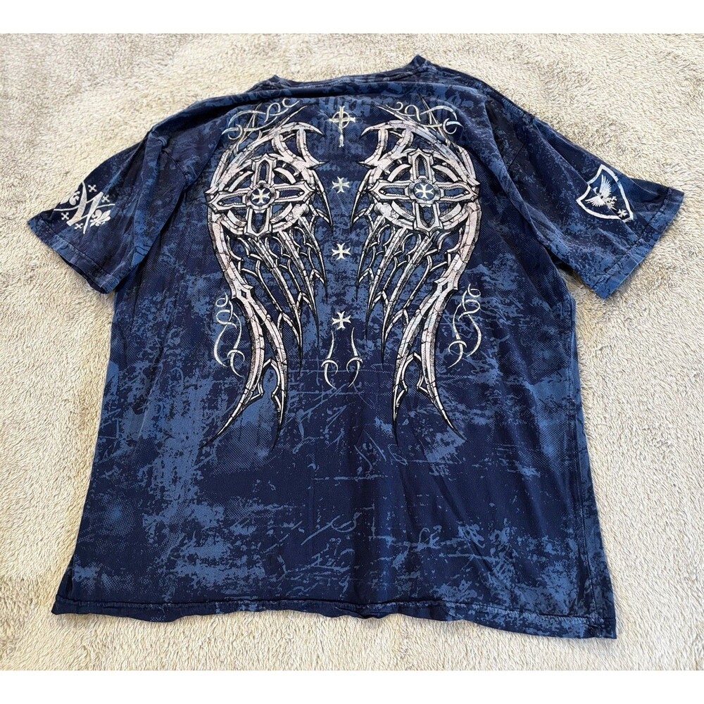 Archaic Affliction T-Shirt Mens Large Blue Gothic MMA Wing Cross Double Side Y2K